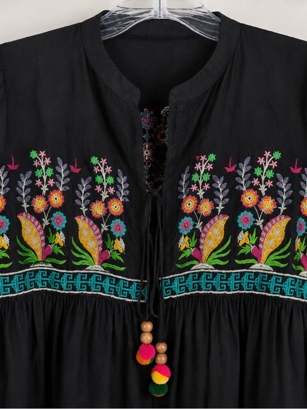 Ego Embroidered Peasant Blouse Cardigan Black Floral Boho Tie Front Top Small - Picture 6 of 6
